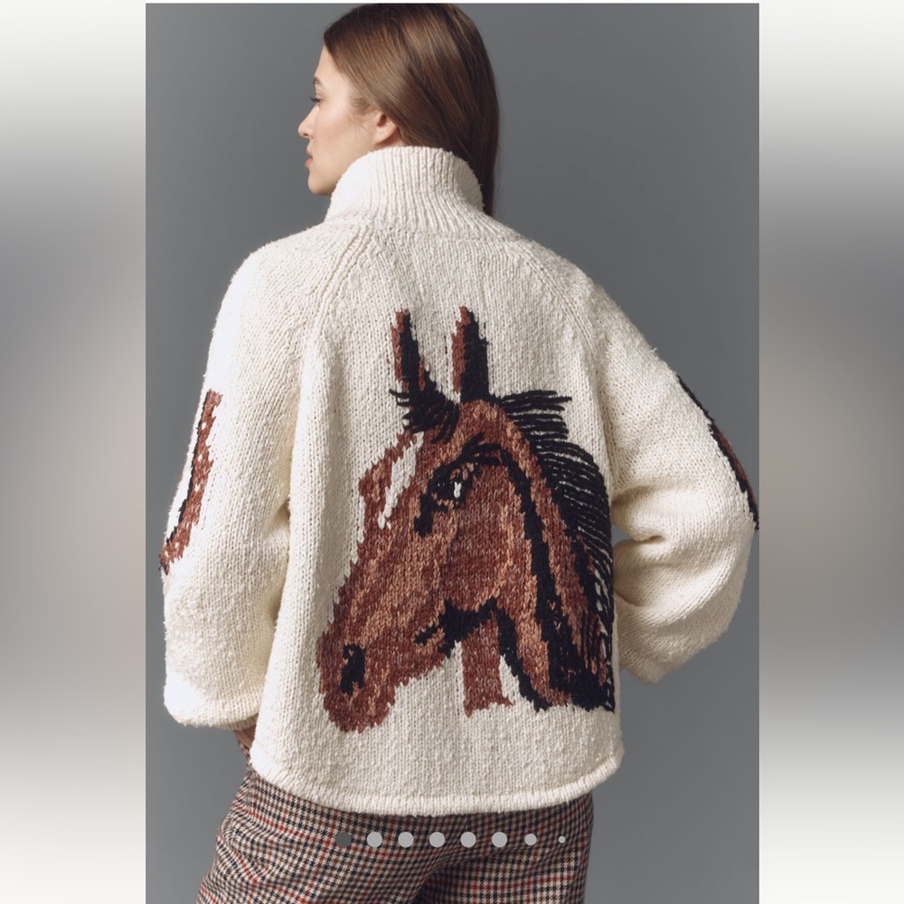 Anthropologie Cream Cardigan Sweater with Brown Horse Intarsia